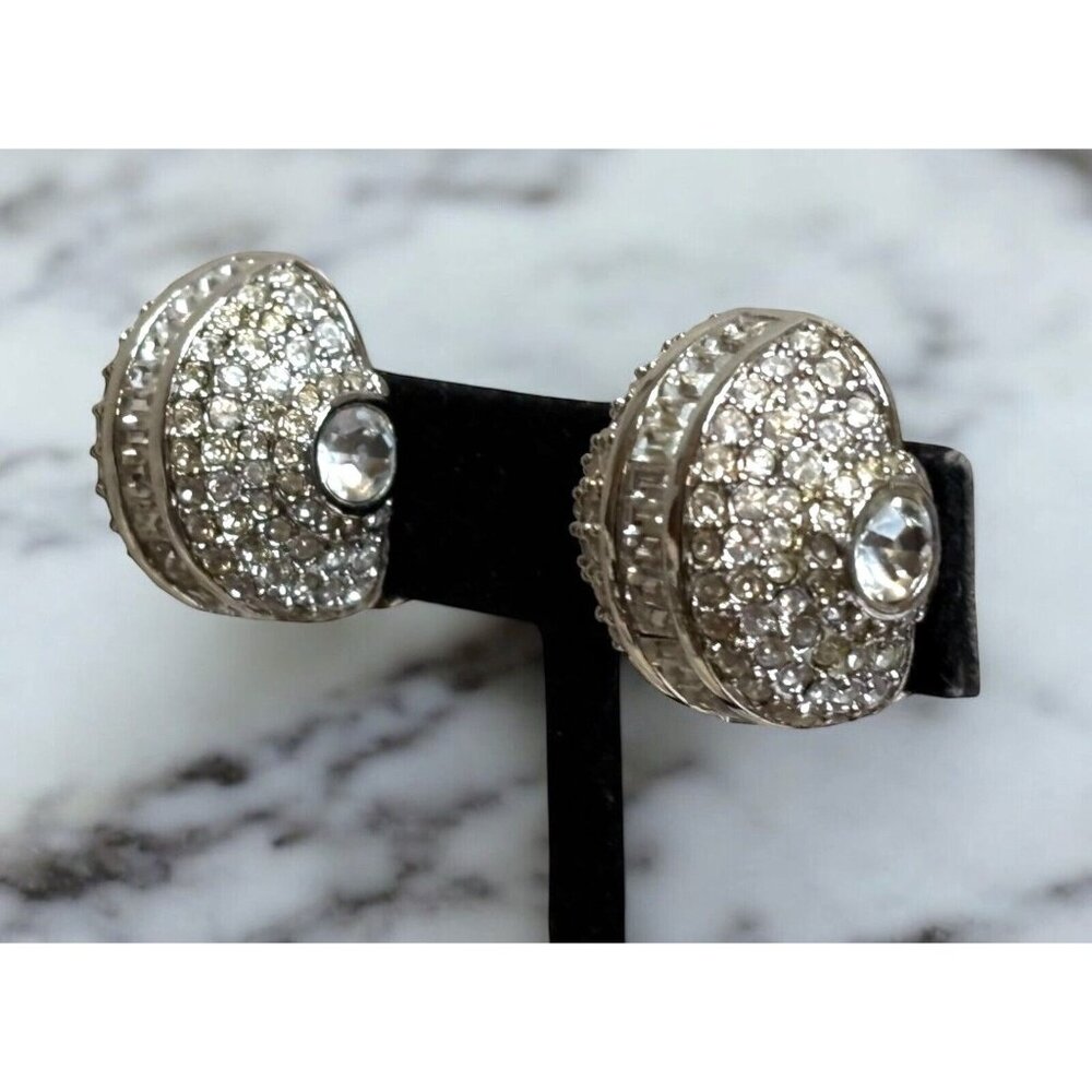 Vintage St. John Clear Rhinestone Crystal Silver Nautilus Shape Clip On Earrings